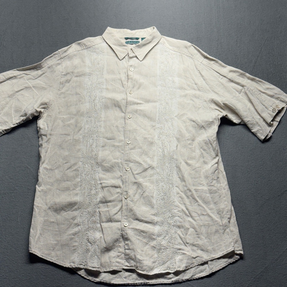 Cubavera Mens XLT Linen Shirt Short Sleeve Embroidered Beige Button Down X-Large